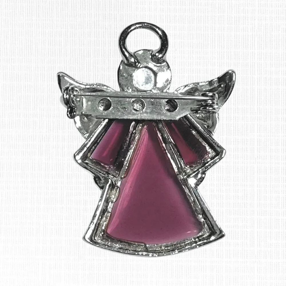 VTG Purple Stained Glass Angel Pin Brooch Silver Tone Celestial Guardian 1.75
